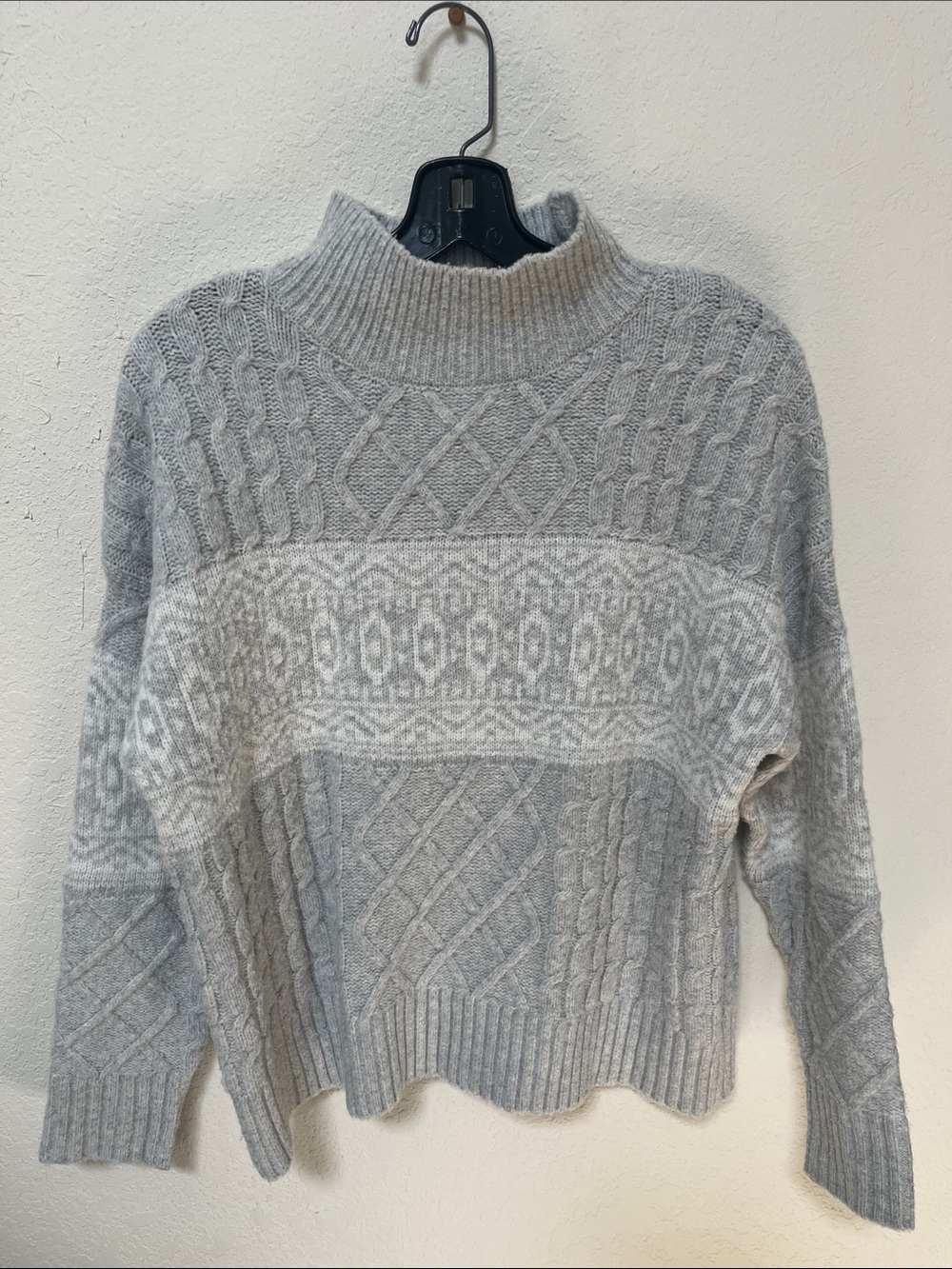 Rachel Zoe Light Gray Cable & Fair Isle Mock Neck Sweater